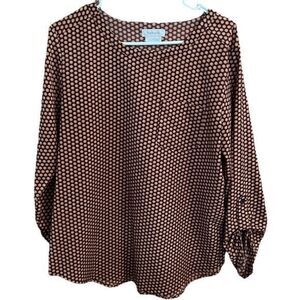 Van Heusen Blouse Top Roll Tab Sleeve Chest Pocket Pullover Floral Brown Large‎